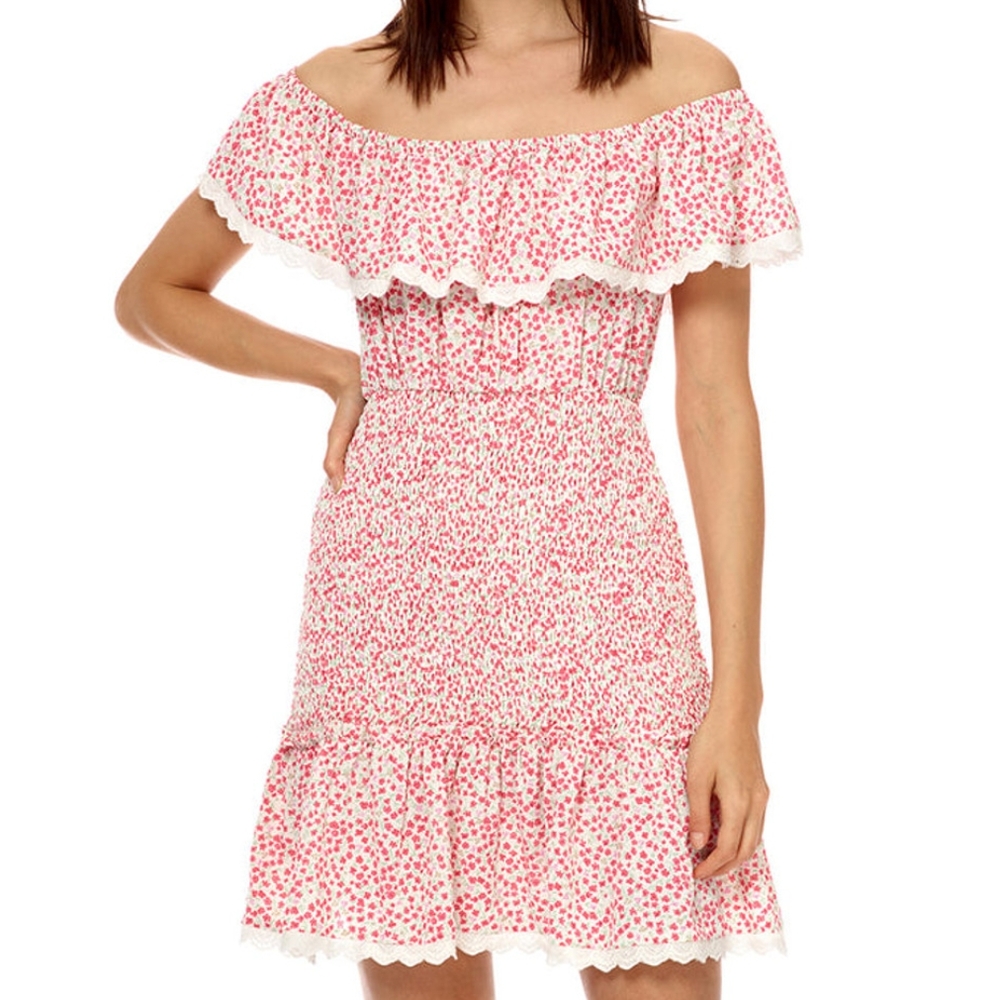 Womens Stellah S Smoked Mini Dress Cottegecore Off Shoulder Lace Trim Ruffles